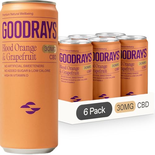 GOODRAYS CBD Drinks, Sparkling Low Calorie Soft Drink, Vegan, Blood Orange & Grapefruit, 6 x 250ml Cans, Packaging May Vary