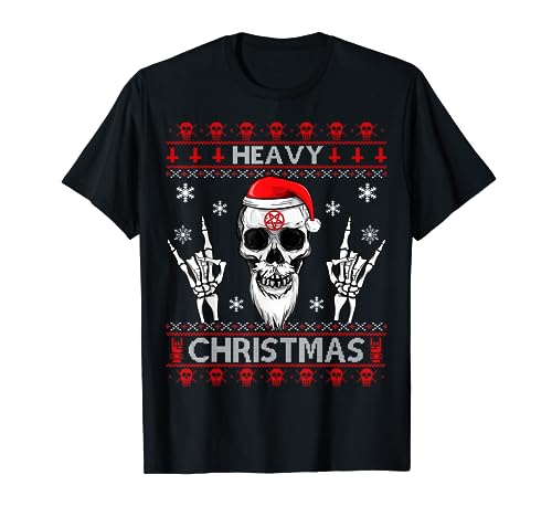 Heavy Christmas Devil Horns Skull Santa Hat Ugly Design T-Shirt
