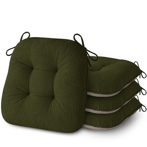 Image of AddGrace Chair Cushions for Dining Chairs Set of 4 Non-Slip Kitchen Seat Cushions with Ties Tufted Thick Seat Pads for Indoor Kitchen Dining Furniture 17 inchx16 inchx3 inch Dark Green