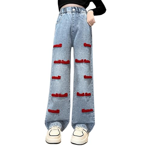Girls Wide Leg Jeans Straight Elastic Waist Cute Denim Pants Kids Trendy Y2K Streetwear Fall Trousers with Pockets