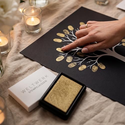 WELTWERK Stempelkissen Gold Silber wiederverwendbar [ungiftig & abwaschbar] – wasserbasiertes Pigmentkissen für Abdrücke – inkl. Bastelideen für Scrapbooking, Hochzeit, Weihnachten & Geschenke