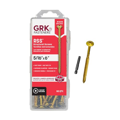 GRK Fasteners RSS™ 5/16 x 6 Inch, Structural Screws, 50 PCS, Rust Resistant Climatek™ Coating, Heavy-Duty Framing & Decking Screws, Fast Bite Tip, Star Drive Recess, T-30 Bit Included, Gold