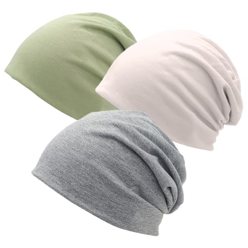 CHUANFU 3 Piezas Gorras Elástico Mujer y Hombre, Suave Gorra Inviern Mujer Verano, Slouchy Beanie Hat Multifuncional Transpirable, para Trabajo, Deporte, Bicicleta (Gris Claro, Verde Claro, Beige)