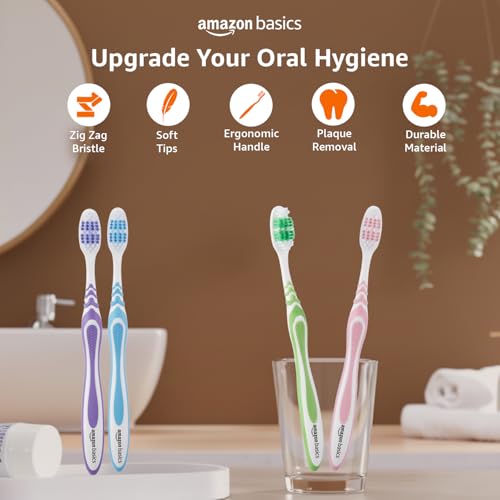 Image of Amazon Basics MultiPro ZigZag Toothbrush for Adults, Multicolour | 12-Count (4 x 3 Packs) | Soft Bristles for Deep Cleaning, Plaque Removal & Gentle Gum Care