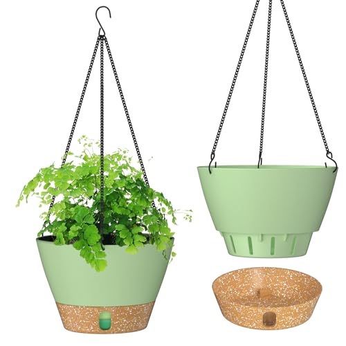 ZMTECH Hängetopf für Pflanzen, 25cm Blumentopf Ampel Hängend, Kunststoff Hänge Blumentopf mit Untersetzer für Außen Draußen Deko für Garten Balkon Wohnzimmer(2er-Set, Grün)