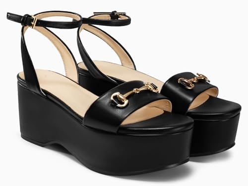 Image of Womens Platform Sandals Chunky Wedges Heels Open Toe Ankle Strap Summer Dress Shoes with Metal Buckle
