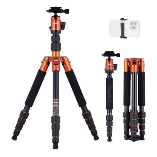 Rollei Compact Traveler No I Aluminio I Naranja I Trípode de Viaje Ligero I Trípode fotográfico de tamaño Compacto I Rótula de Bola y Bolsa para trípode