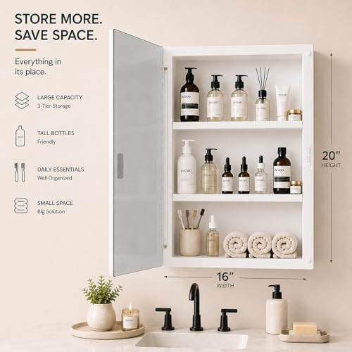 Image of 16x20 Plastic Medicine Cabinet with Mirror, Recessed or Surface Mount