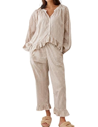 Arssm Womens Gingham Pajama Set 2 Piece Plaid Button Down Long Sleeve Shirt and Pants Pjs Lounge Set Outfits(Khaki-M)