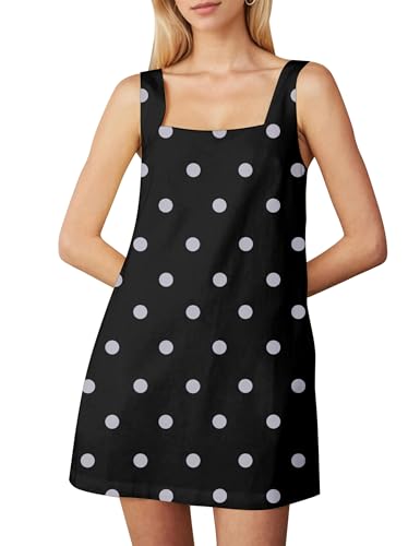 Image of Burtell Summer Sleeveless Cotton Linen Mini Dresses for Women Casual Square Neck Backless Short Dress Solid Tank Shift Dress