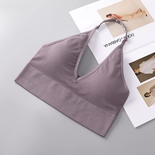 Image of Women Halter Bra Top Yoga Bralette Crop Tanks Workout Sports Bras V Neck with Adjustable Strap Seamless Padded