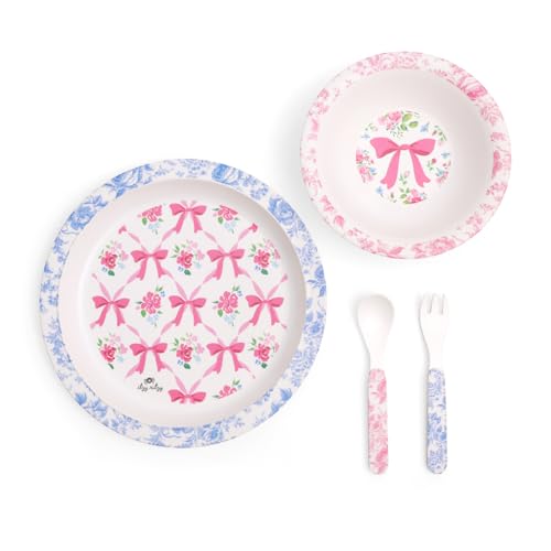 Itzy Ritzy Kids Dinnerware Set Toddler Mealtime Dining Set for Ages 6+ Months with Melamine Plate Bowl Fork & Spoon - Dishwasher Safe Baby Feeding Set For Independent Eating (Ribbons & Roses)