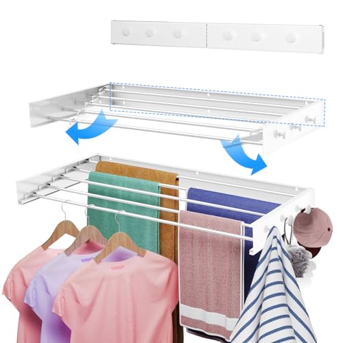kenvc Estante de Secado de Ropa Plegable con 6 Ganchos de Perilla, 31.5 Pulgadas de Ancho, 5 Varillas de Aluminio, Capacidad de 40 Libras para Interiores y Exteriores (31.5 Pulgadas, Gancho Circular)