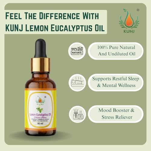Image of KUNJ Lemon Eucalyptus Essential Oil 10ml - 100% Pure Steam Distilled Corymbia citriodora Oil for Aromatherapy, Diffuser, Spa, Home Fragrance, Fresh Citrus Aroma & DIY Beauty Blends
