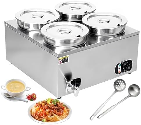 Elektryczny podgrzewacz do zupy, podgrzewacz do żywności ze stali nierdzewnej, z regulowaną temperaturą, pokrywkami, chochlami i kranem, do restauracji