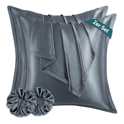 RUIKASI Satin Kissenbezug 80x80 wie EIN Seidenkissenbezug mit 2 Haargummis - seidig Kopfkissenbezug 80x80 für Haar und Haut, Pflegeleichter als...