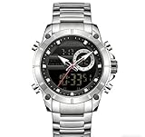 Orologio Sportivo da Uomo, Doppio Display Analogico-Digitale, Cinturino in Acciaio Inossidabile Argento, Quadrante Nero, Resistente all