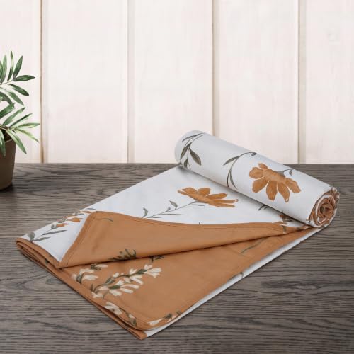 Image of HUESLAND 100% Cotton Reversible Dohar Single Bed Cotton | Soft Cambric Weave, All Weather Light AC Blanket | 56 x 89 inches, Floral - Tangerine Orange & White