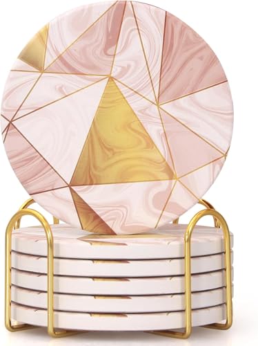Image of Modern Wood Coasters with Holder Absorbent Drink Coaster Set of 6 Pink Golden Wood Cup Coasters Gift Decorative Coffee Table Coasters Cute Bar Coaster Beverages Tea Cork Coasters