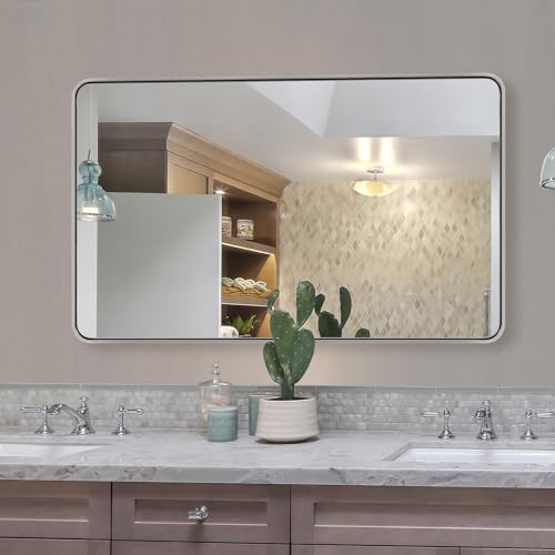 Image of ANDY STAR 48 inchX30 inch Chrome Bathroom Mirrors, Polished Chrome Vanity Mirror, Rounded Rectangle Mirror for Wall, SUS304 Anti-Rust Tube Metal Frame, Wall Mounted Horizontal /Vertical 1'' Deep