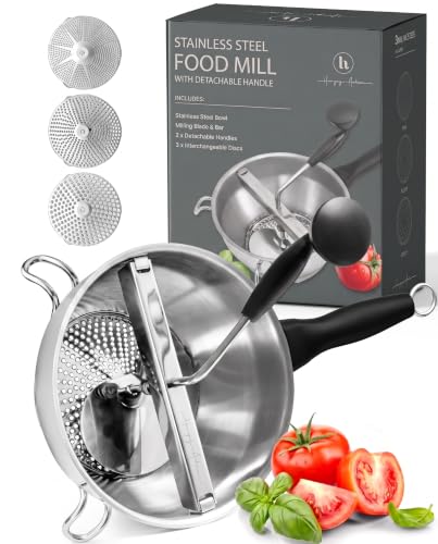 Compact Stainless Steel Food Mill with 3 Discs – Ergonomic Rotary Hand Crank with Removable Handles for Tomato Sauce, Applesauce, Baby Food, Mashed Potatoes & Puree