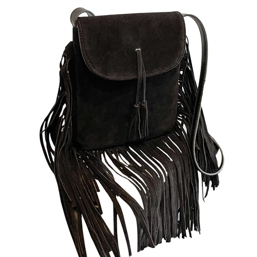 Image of Women Fashion Small Hobo Purse Fringe Designer Cell Phone Bag Suede Tassel Crossbody Bags Shoulder Handbag