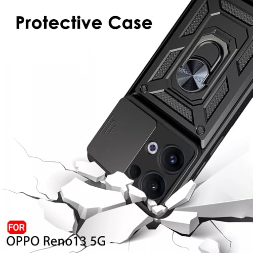 Image of TheGiftKart Tough Armor Bumper Back Cover Case for Oppo Reno 13 5G | Sliding Camera Cover, Kickstand & Ring Holder | 360 Degree Protection Back Cover Case for Oppo Reno13 5G (PC & TPU, Black)