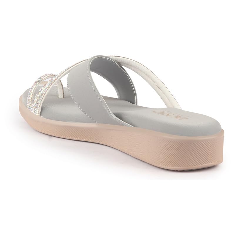 Image of FAUSTO Women Embellished Shimmery Cross Strap Toe Ring Wedding Slip On Slippers | Soft Cushioned Footbed Wedge Sandals | Party, Mehndi, Festive