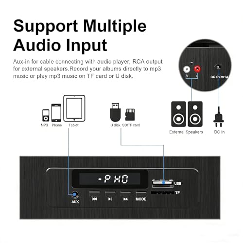 Image of Vinyl Record Player with Bluetooth, 3-Speed Belt-Drive Turntable with Built-in Speakers, Easy Setup for Beginners, USB Recording, RCA /AUX /Headphone Jack, Classic Black Wood Design