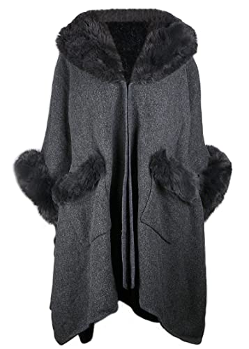 Image of Women Poncho with Pocket Warm Cashmere Cardigan Cape with Rabbit Fur