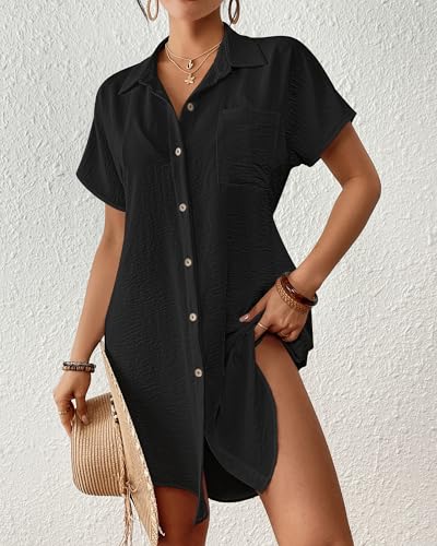 Bsubseach Womens Swimsuit Coverup Short Sleeve Button Down Tie Beach Shirt Dresses Summer Bathing Suit Cover Up Swimwear2