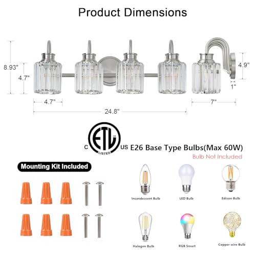 Image of Brushed Nickel Bathroom Light Fixtures with K9 Crystal Lampshade Bathroom Lighting Over Mirror Vanity Lights for Living Room,Bedroom,Restroom,Hallway 4 Lights