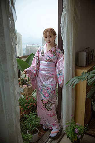Japanese Anime Women's Kimono Robe Geisha Yukata Sweet Dress Blossom Satin Bathrobe Sleepwear Fans Tabi Socks Set