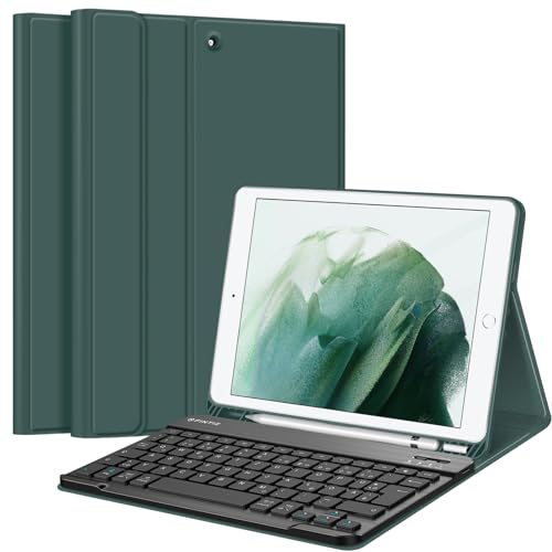 FINTIE Tastatur Hülle für iPad 10.2 Zoll (9/8/ 7 Generation - 2021/2020/2019), Schutzhülle mit TPU Rückschale, Pencil Halter & magnetisch Abnehmbarer Tastatur mit QWERTZ Layout, Dunkelgrün