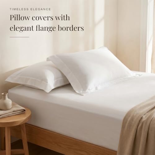 Image of Huesland 300 TC Premium 100% Pure Cotton Luxe Soft Touch Fitted Double Size Bedsheet Cotton with 2 Pillow Covers | White | 60 x 78 Inches