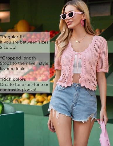 Image of Kate Kasin Women Crochet Shrug Knit Sweater, Short Sleeve Cropped Cardigan | Tie Front Tops Light Weight, Knit Cover Up Arm Bolero For Evening Dresses Dressy Casual, Ladies Eyelet Shawl Thin Formal
