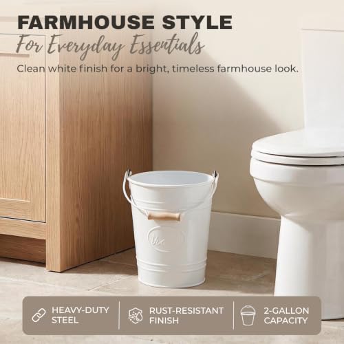 Image of Autumn Alley Farmhouse Bathroom Trash Can - White Trash Can Bucket with Wooden Handle for Rustic Bathroom, Bedroom, Office, Kitchen, Country Home Decor, 7 Liter, White