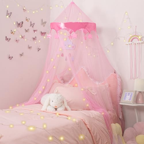 Temopow Princess Bed Canopy with Star Light Pink Mosquito Net Playing Games House for Girls Bedroom Decoration