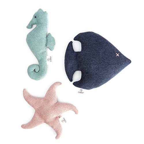 Caja de regalo de peluche para gatos | 1 juego de 3 juguetes | Mascota hecha a mano con estrella de mar + pescado + caballito de mar | Tejido acolchado con casquillos de trigo sarraceno Cover