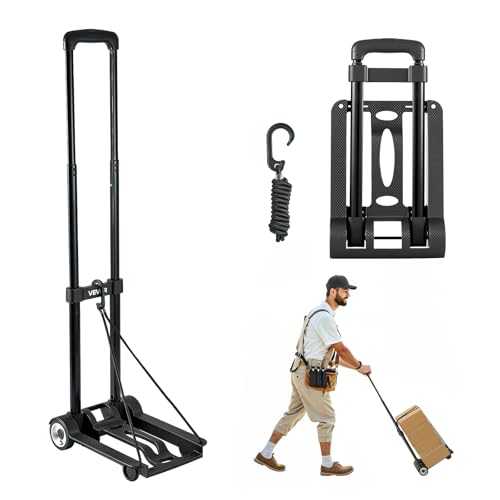 VEVOR Carretilla de Mano Plegable, Carrito de Equipaje Plegable con 2 Ruedas y 1 Cuerda Elástica Carrito de Plataforma Utilitario Carga de 49,9 kg para Equipaje de Viaje, Aeropuerto, Mudanza, Negro