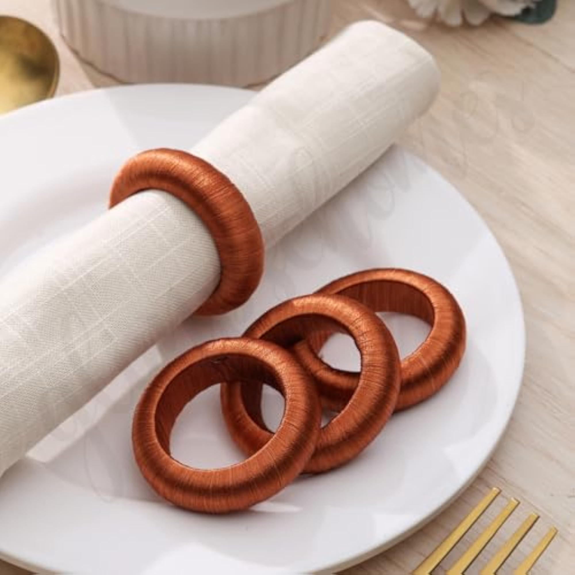 Burnt Orange Yarn Napkin Rings for Dining Table (Set of 6)