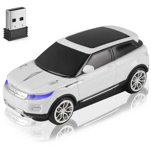 Wireless Mouse Cute Car Mice,White Portable Compact Novelty Cool Fun Mice, Funny USB Mouse for Laptop PC Computer Tablet Macbook Kids Girl Boy Women Men Mom Dad Small Hands Travel Office School Gift