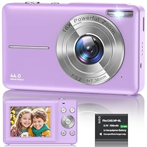 Digital Camera 1080P, 44MP FHD Compact Digital Camera, 16X Digital Zoom Portable Photo Camera with 2.4″ LCD Screen, 1 Battery, Vlogging Camera for Kids, Beginners, Teens, Students-Purple (No SD Card)