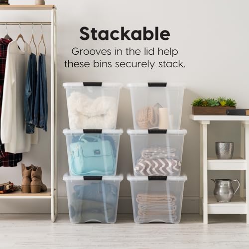 Image of IRIS USA 6-Pack 54 Quart Stackable Storage Bins with Lids [Made in USA] - Everyday Organizer Latching Clear Plastic Organization Containers Closet Bedroom Shelving Units Home Storage - Clear /White