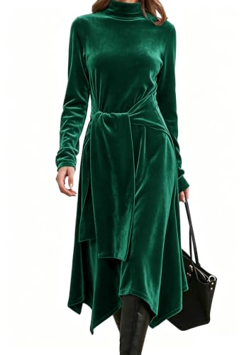 Image of Jayscreate Women's 2023 Long Sleeve Sweater Dress Fall Winter Midi Tie Front Knit High Waist Business Casual Dress