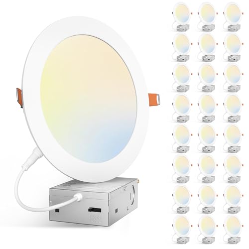 Amico 24 Pack 7 Inch 5CCT Ultra-Thin LED Canless Recessed Ceiling Light with Junction Box 2700K/3000K/3500K/4000K/5000K Selectable 15W=100W 1300LM High Brightness Dimmable Wafer Downlight ETL&FCC