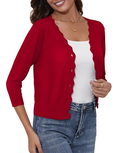 Image of Women's Cropped Cardigans 3 /4 Sleeve Button Down Lightweight Cardigan Sweaters Scalloped Edged Bolero Shrugs