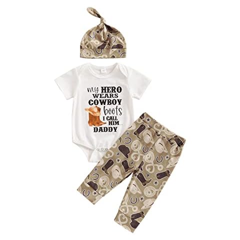 Gaono Western Newborn Baby Boy Cowboy Outfit Funny Letter Short Sleeve Romper+Long Pants+Hat Infant Country Clothes (White Boots Print, 0-3 Months) Cover