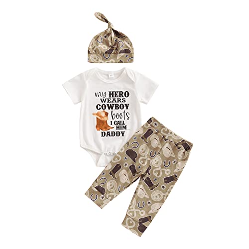 Image of Karuedoo Newborn Baby Boy Clothes New to The Herd Romper Cow Print Pants Hat 3Pcs Set Western Coming Home Outfit