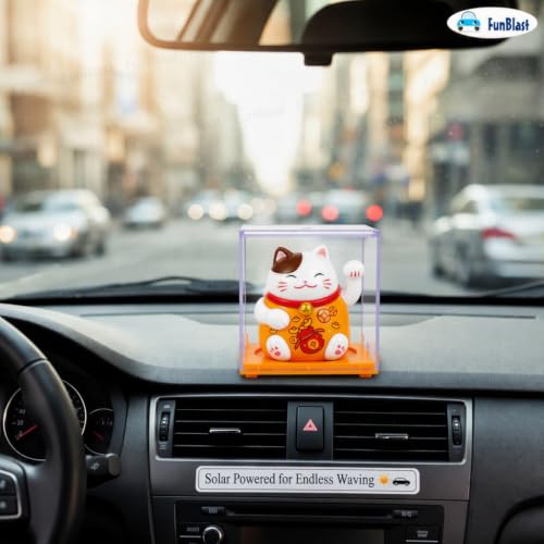 Image of FunBlast Maneki Neko Lucky Cat, Waving Arm Solar Powered Good Luck Wealth Welcoming Display Car Decor Paw Up with Arm, Decor Item for Home, Office and Car (Orange)